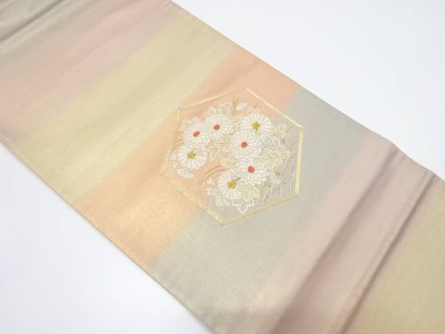 亀甲に菊模様刺繍袋帯(材料)【アンティーク】【中古】【着】
