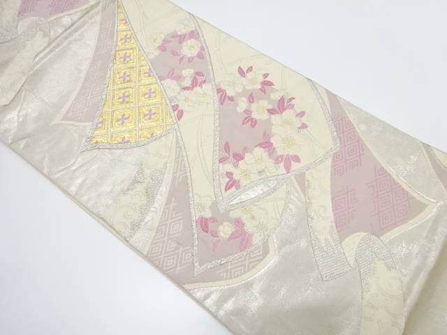 熨斗に花・古典柄織り出し袋帯（材料）【アンティーク】【中古】【着】