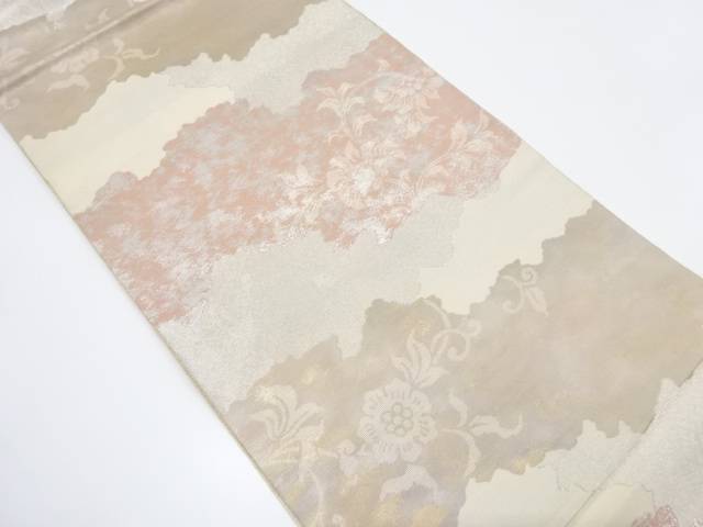 引箔 霞に花唐草模様織り出し袋帯(材料)【アンティーク】【中古】【着】