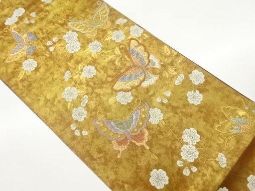 引箔枝垂れ桜に蝶模様織出し袋帯【中古】【着】 引箔枝垂れ桜に蝶模様織出し袋帯【中古】【着】