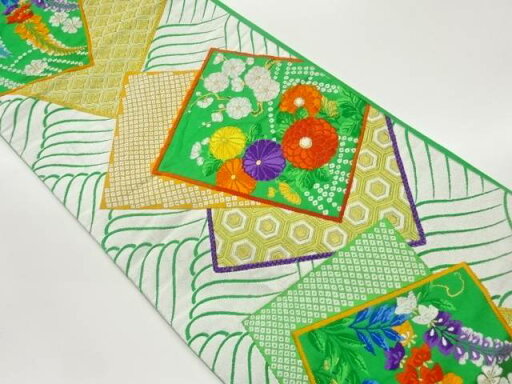 色紙に花々・鹿の子・古典柄模様織出し袋帯【中古】【着】 色紙に花々・鹿の子・古典柄模様織出し袋帯【中古】【着】