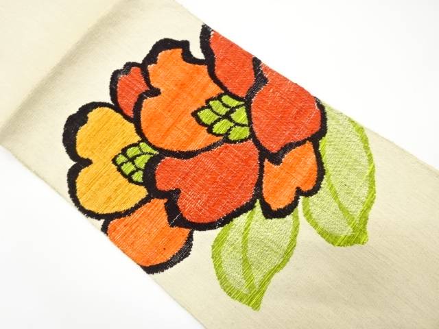 手織り真綿紬 草花模様織り出し名古屋帯【アンティーク】【中古】【着】