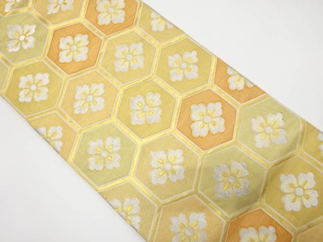 亀甲繋ぎに花菱模様織り出し袋帯（材料）【アンティーク】【中古】【着】