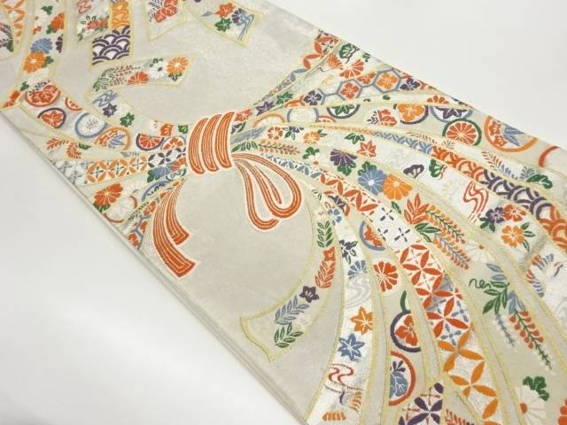 束ね熨斗に鶴・花々模様織出し袋帯【中古】【着】