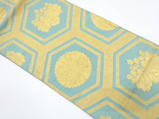 亀甲に桐・菊模様織り出し袋帯（材料）【アンティーク】【中古】【着】