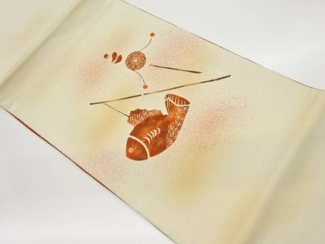 上代紬抽象魚にでんでん太鼓模様袋帯【中古】【着】
