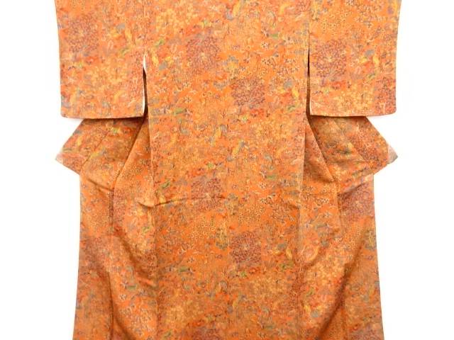 縮緬地 動物に花鳥更紗模様 小紋着物【中古】【着】