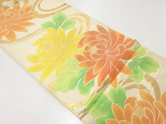 流水に菊模様織出し袋帯(材料)【アンティーク】【中古】【着】