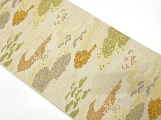 流水に雲取り・古典柄織り出し袋帯（着用可）【アンティーク】【中古】【着】