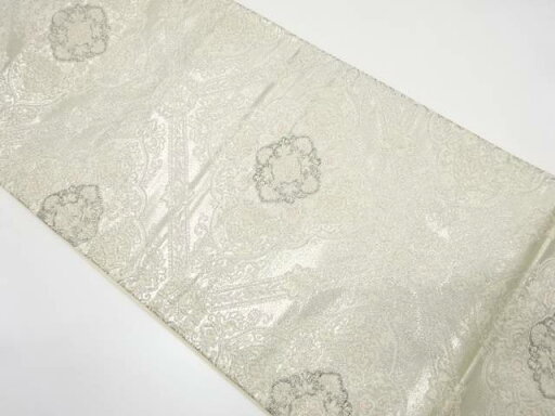 プラチナ二重箔 格天井に華紋織り出し袋帯(材料)【アンティーク】【中古】【着】 プラチナ二重箔 格天井に華紋織り出し袋帯(材料)【アンティーク】【中古】【着】