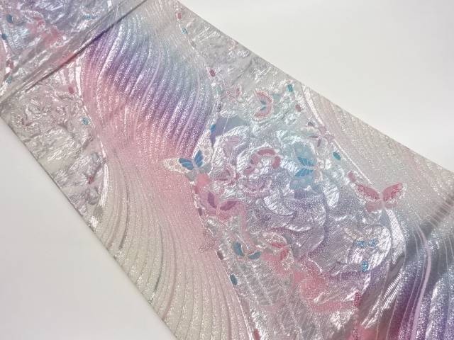 曲線に群蝶模様織出し袋帯【中古】【着】