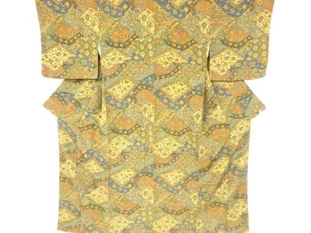 未使用品　縮緬地切り嵌め風花更紗模様小紋着物【着】のサムネイル