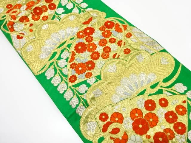 笠松に桧扇・藤・梅模様織り出し袋帯(着用可)【アンティーク】【中古】【着】
