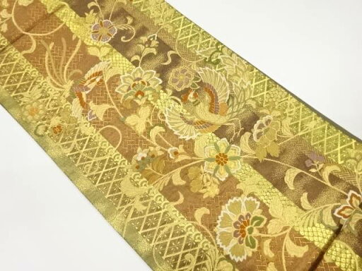 縞に鳳凰・花唐草模様織出し袋帯【中古】【着】 縞に鳳凰・花唐草模様織出し袋帯【中古】【着】