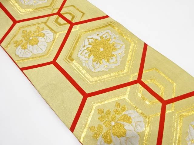 亀甲に華紋織り出し袋帯(着用可)【アンティーク】【中古】【着】