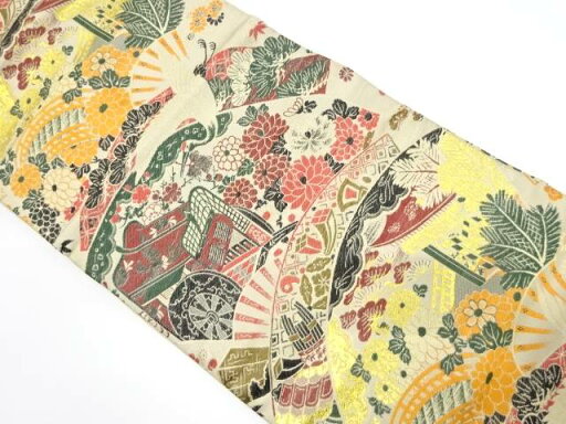扇に御所車・鶴・草花模様織り出し名古屋帯(着用可)【アンティーク】【中古】【着】 扇に御所車・鶴・草花模様織り出し名古屋帯(着用可)【アンティーク】【中古】【着】