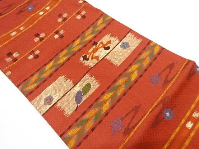 横段に束ね熨斗・花模様織り出し　名古屋帯【中古】【着】