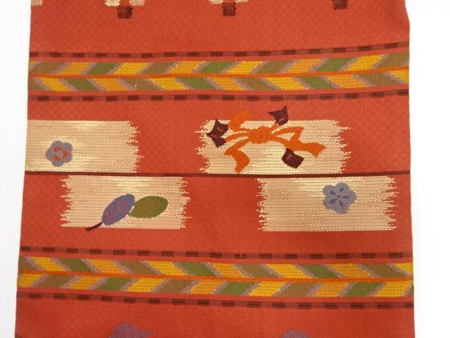 横段に束ね熨斗・花模様織り出し　名古屋帯【中古】【着】