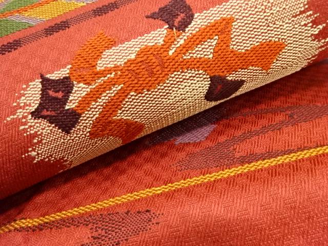 横段に束ね熨斗・花模様織り出し　名古屋帯【中古】【着】