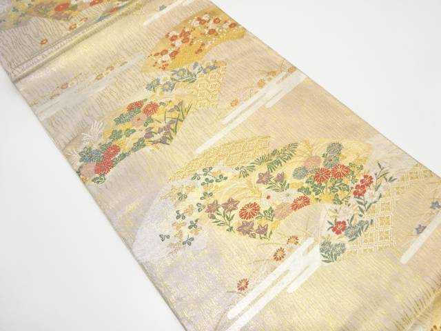 地紙に秋草・枝梅模様織り出し 袋帯【中古】【着】