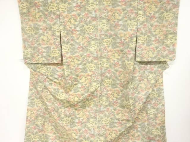 未使用品 薔薇模様織出し十日町紬単衣着物【着】