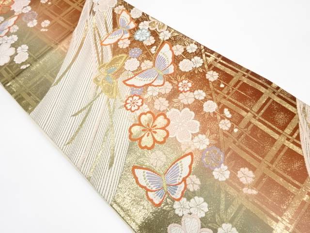 蝶に枝垂れ桜模様織り出し 振袖用 袋帯【中古】【着】【sp_off】