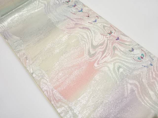 霞に蝶模様織り出し 暈し 振袖用 袋帯【中古】【着】