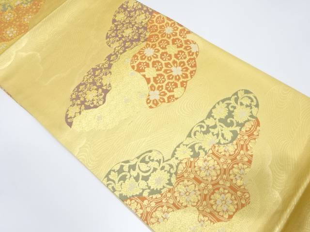 雲取りに花唐草模様織り出し 袋帯【中古】【着】