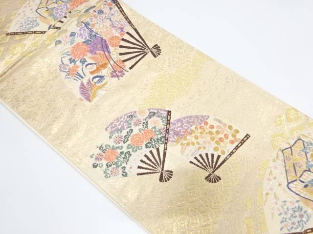 扇面に鴛鴦・草花模様織り出し 袋帯【中古】【着】