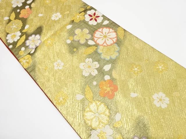 霞に八重桜・梅模様織り出し　振袖用　袋帯【中古】【着】