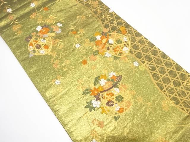 花籠に枝垂れ桜・籠目模様織り出し　袋帯【中古】【着】