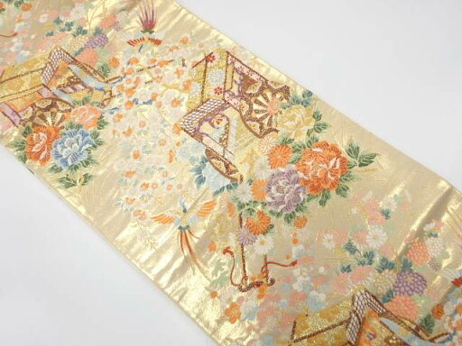 本金二重箔 御所車彩鳥紋織り出し 袋帯【中古】【着】 本金二重箔 御所車彩鳥紋織り出し 袋帯【中古】【着】