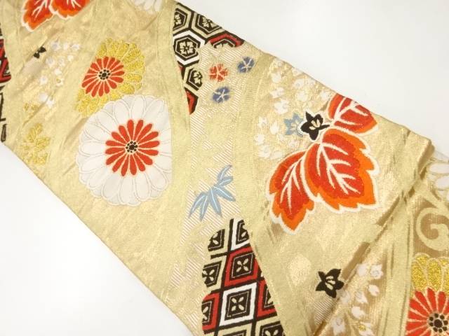 斜め立涌に菊桐模様織出し名古屋帯（着用可）【アンティーク】【中古】【着】