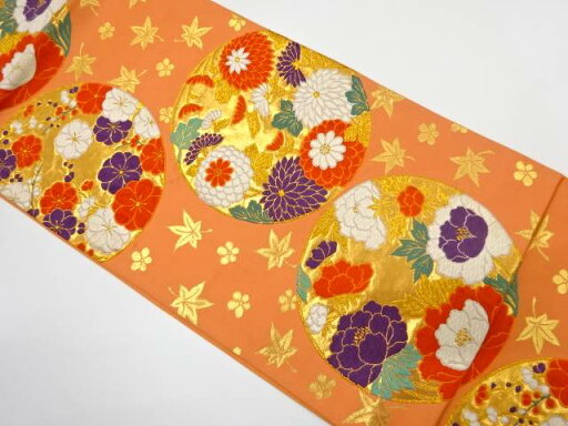 丸紋に花模様織り出し 袋帯【中古】【着】【sp_off】 丸紋に花模様織り出し 袋帯【中古】【着】【sp_off】