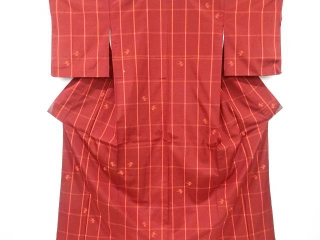 格子に絣柄織り出し米沢紬着物【アンティーク】【中古】【着】(4)