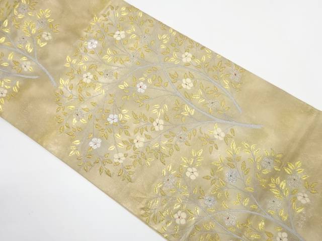 枝葉に小花模様織り出し袋帯(材料)【アンティーク】【中古】【着】