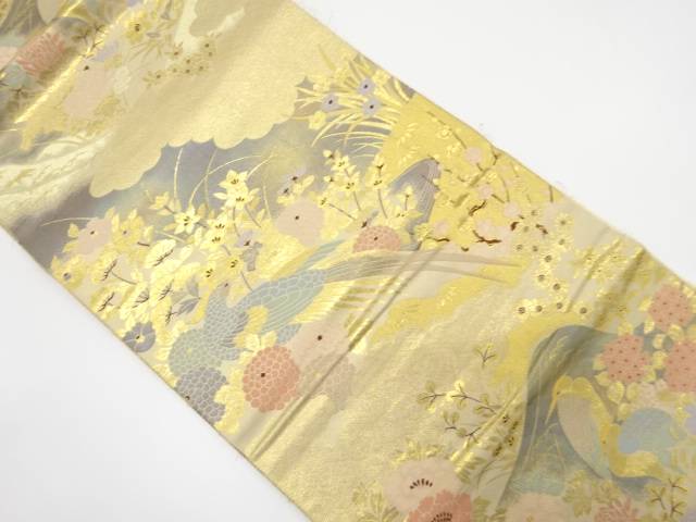 純金二重箔 花鳥絵図文織り出し袋帯(材料)【アンティーク】【中古】【着】