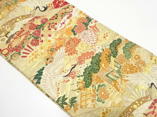 鶴に扇・花・古典柄織り出し 全通袋帯(材料)【アンティーク】【中古】【着】 鶴に扇・花・古典柄織り出し 全通袋帯(材料)【アンティーク】【中古】【着】
