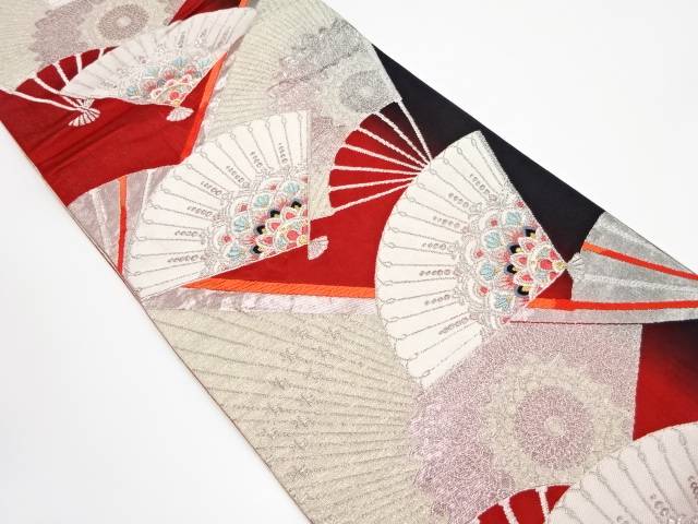 扇に華紋織り出し 振袖用袋帯【中古】【着】