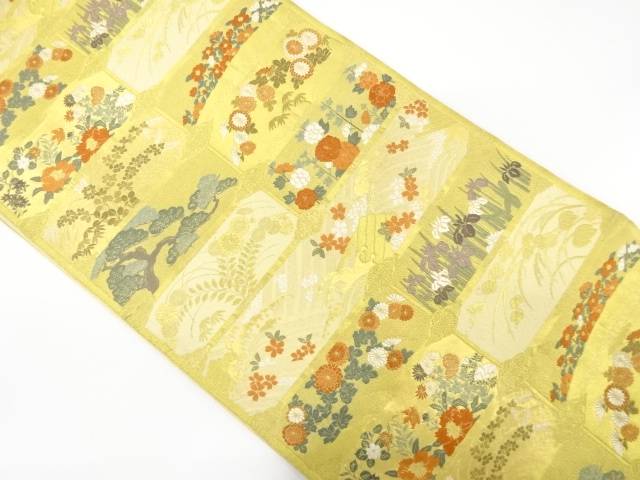 格天井に松・萩・花模様織り出し　袋帯【中古】【着】