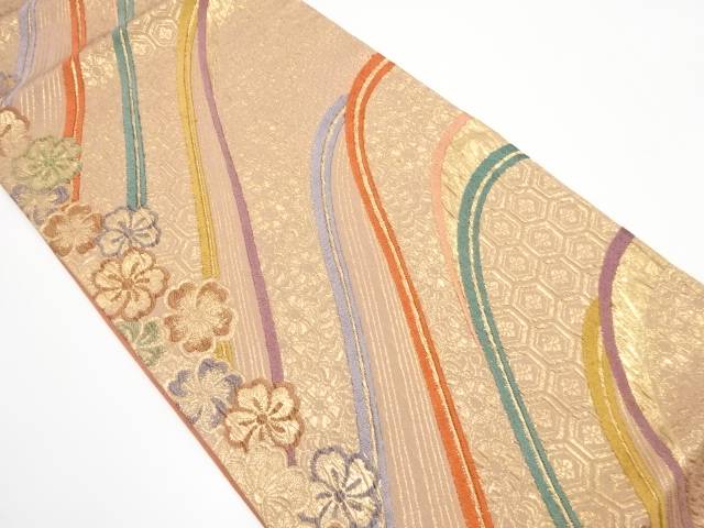 遠山に桜模様織り出し 振袖用袋帯【中古】【着】
