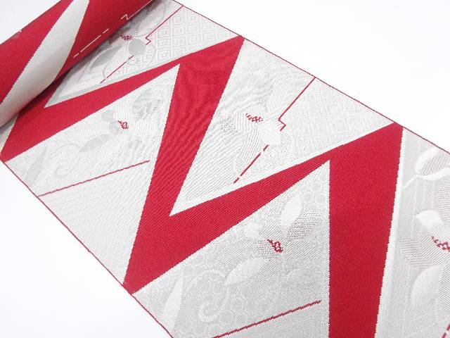 幾何学に花模様織り出し　八寸帯地反物【アンティーク】【中古】【着】