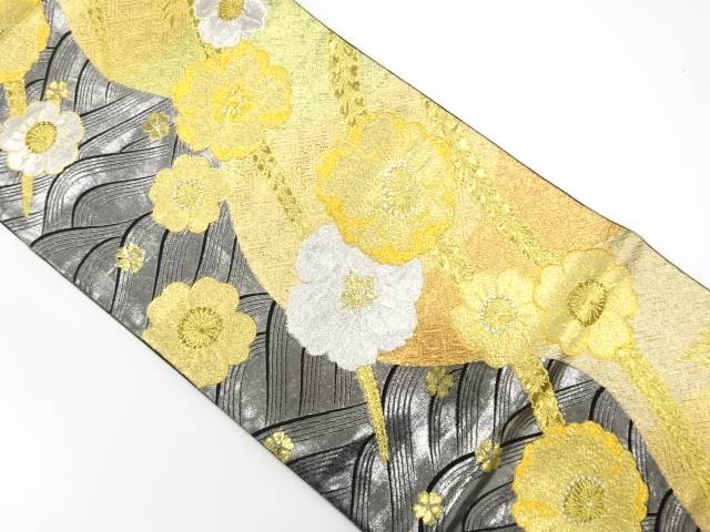 波に花模様織り出し 振袖用袋帯【中古】【着】