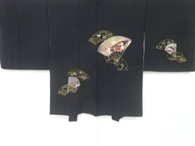 扇に草花模様刺繍絵羽織【中古】【着】