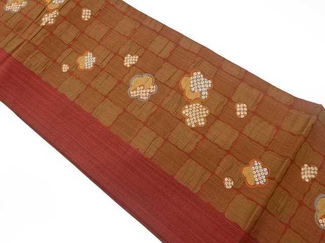 ふくれ織格子に梅・鹿の子模様織出し洒落袋帯【中古】【着】(4)