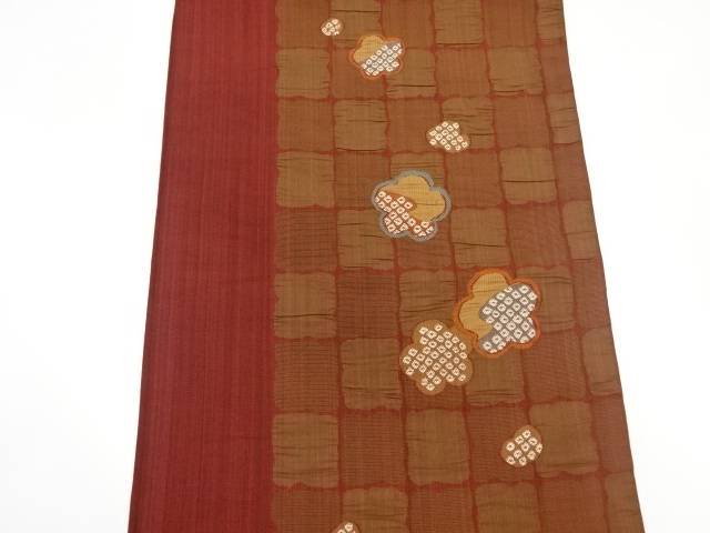 ふくれ織格子に梅・鹿の子模様織出し洒落袋帯【中古】【着】