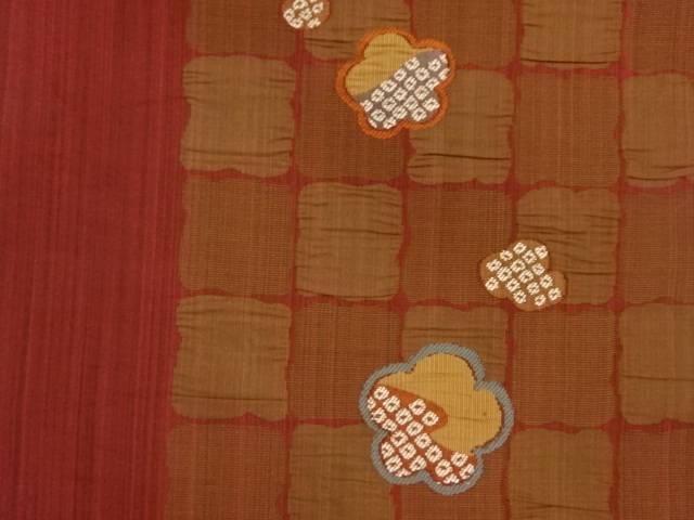 ふくれ織格子に梅・鹿の子模様織出し洒落袋帯【中古】【着】