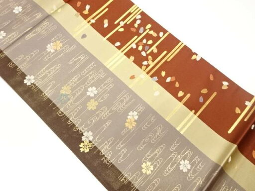 桜散らしに霞・流水模様織出し袋帯【中古】【着】 桜散らしに霞・流水模様織出し袋帯【中古】【着】