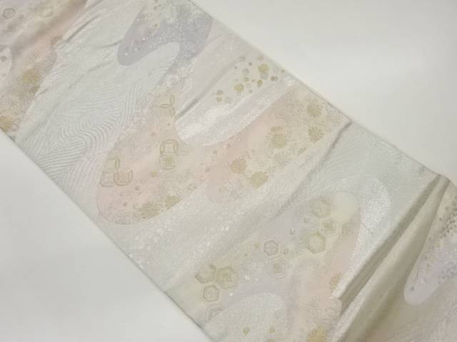 曲線に菊唐草・七宝・亀甲模様織出し袋帯【中古】【着】