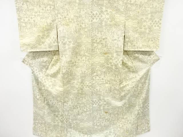 アンティーク　家屋風景模様織り出し手織り紬着物【Pnt】